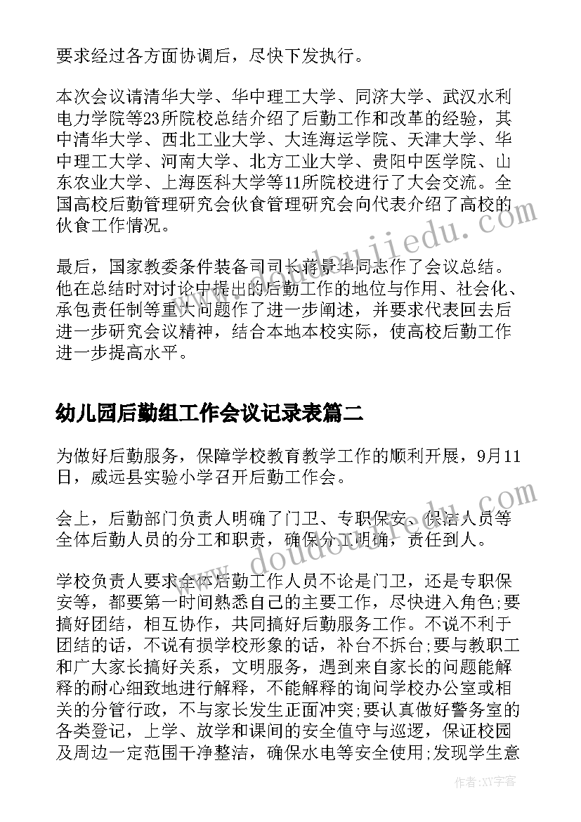 幼儿园后勤组工作会议记录表 学校后勤工作会议记录(汇总8篇)