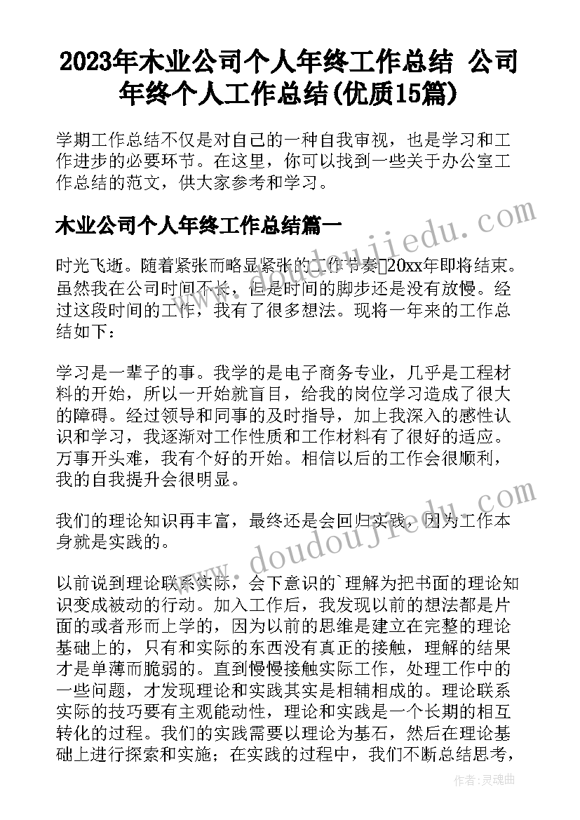 2023年木业公司个人年终工作总结 公司年终个人工作总结(优质15篇)