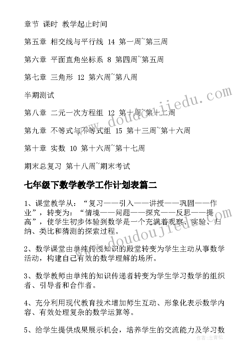 七年级下数学教学工作计划表 七年级数学教学工作计划(优秀12篇)