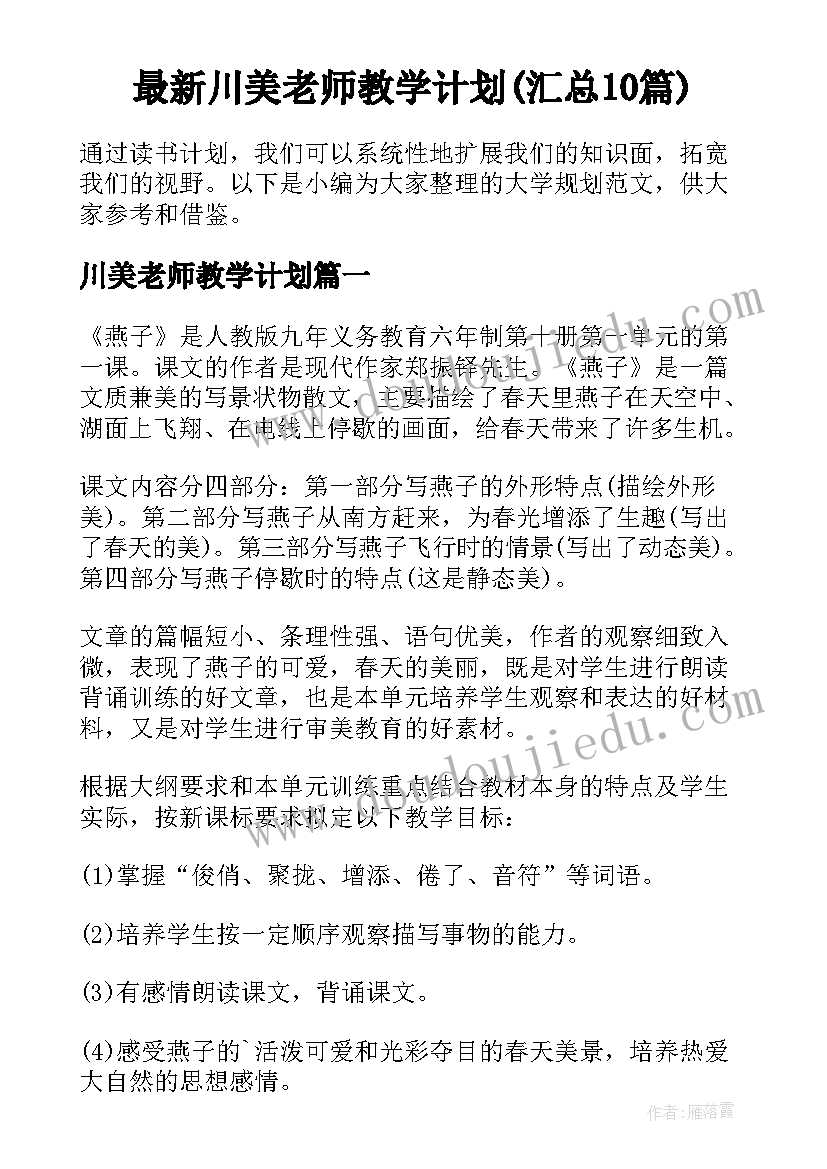 最新川美老师教学计划(汇总10篇)