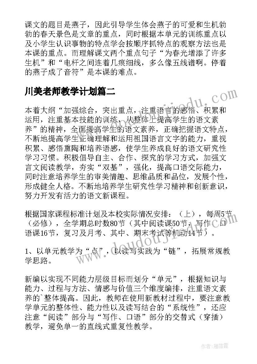 最新川美老师教学计划(汇总10篇)