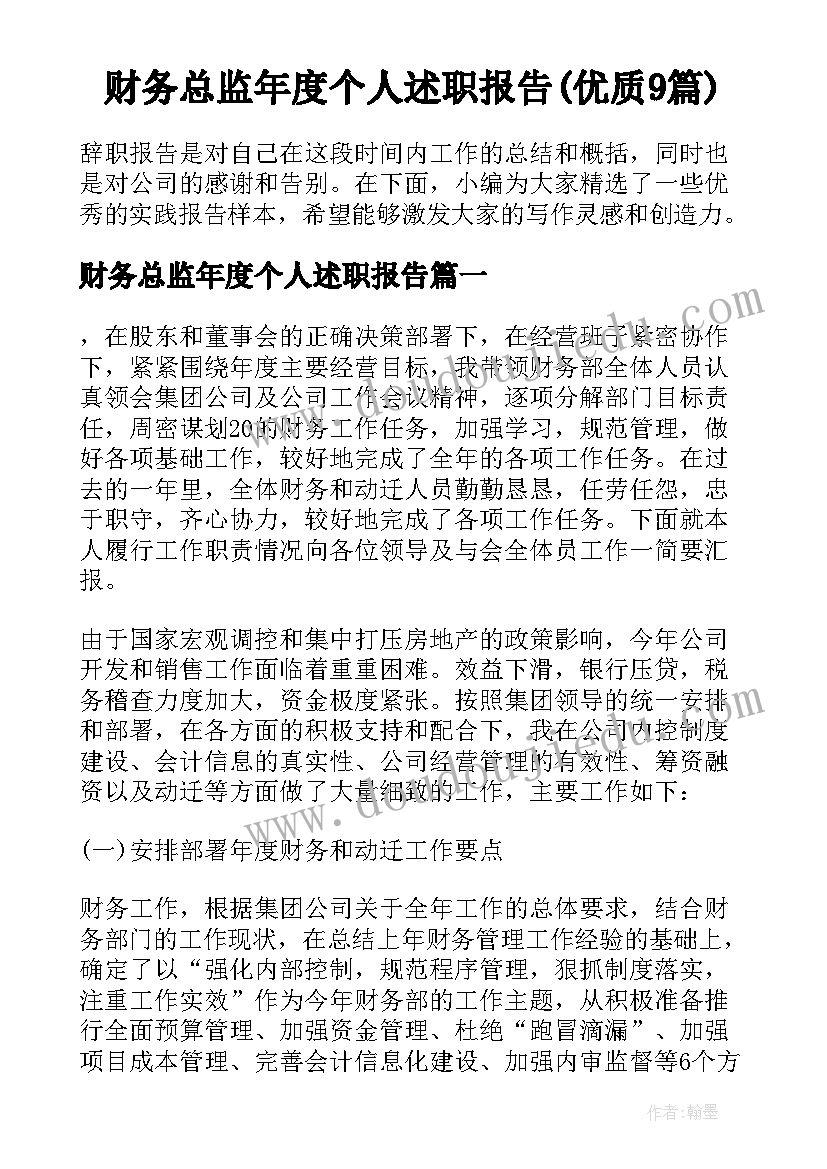 财务总监年度个人述职报告(优质9篇)