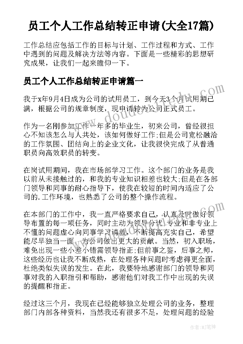 员工个人工作总结转正申请(大全17篇)