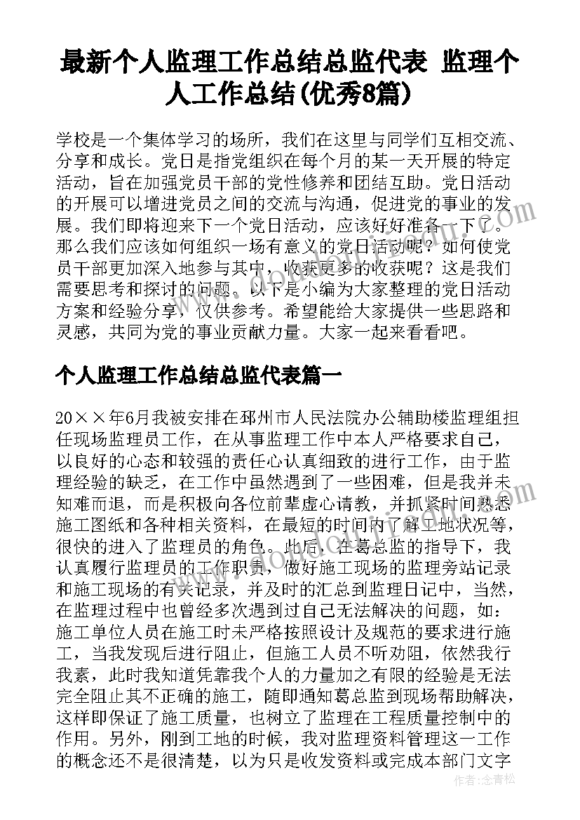 最新个人监理工作总结总监代表 监理个人工作总结(优秀8篇)