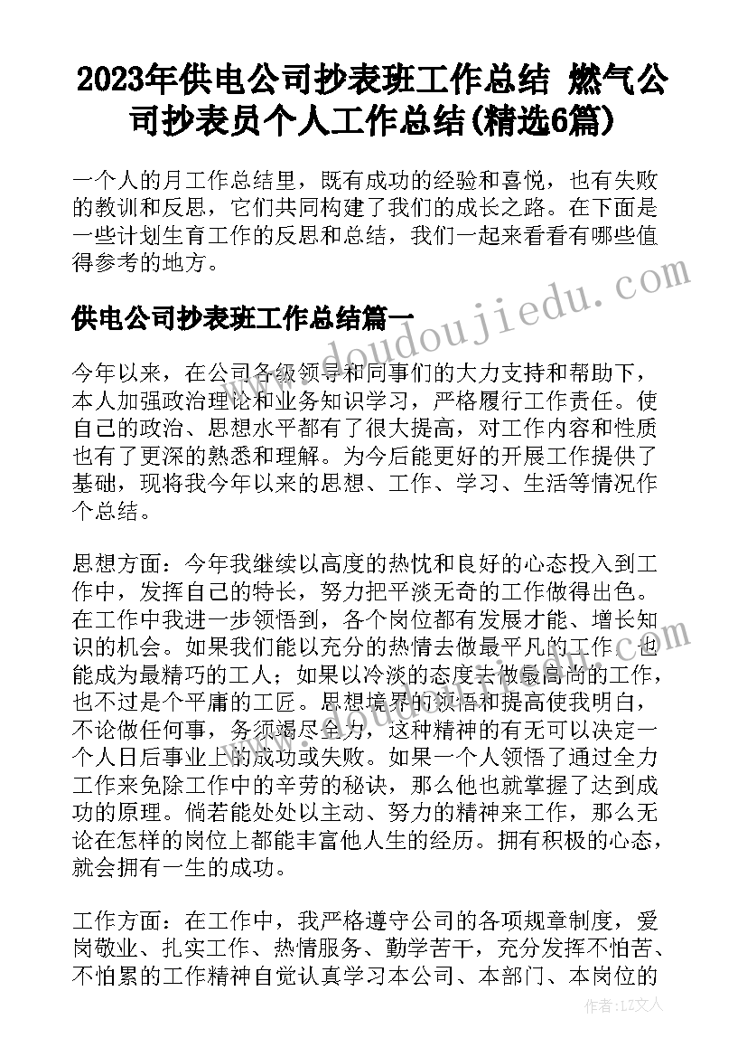 2023年供电公司抄表班工作总结 燃气公司抄表员个人工作总结(精选6篇)