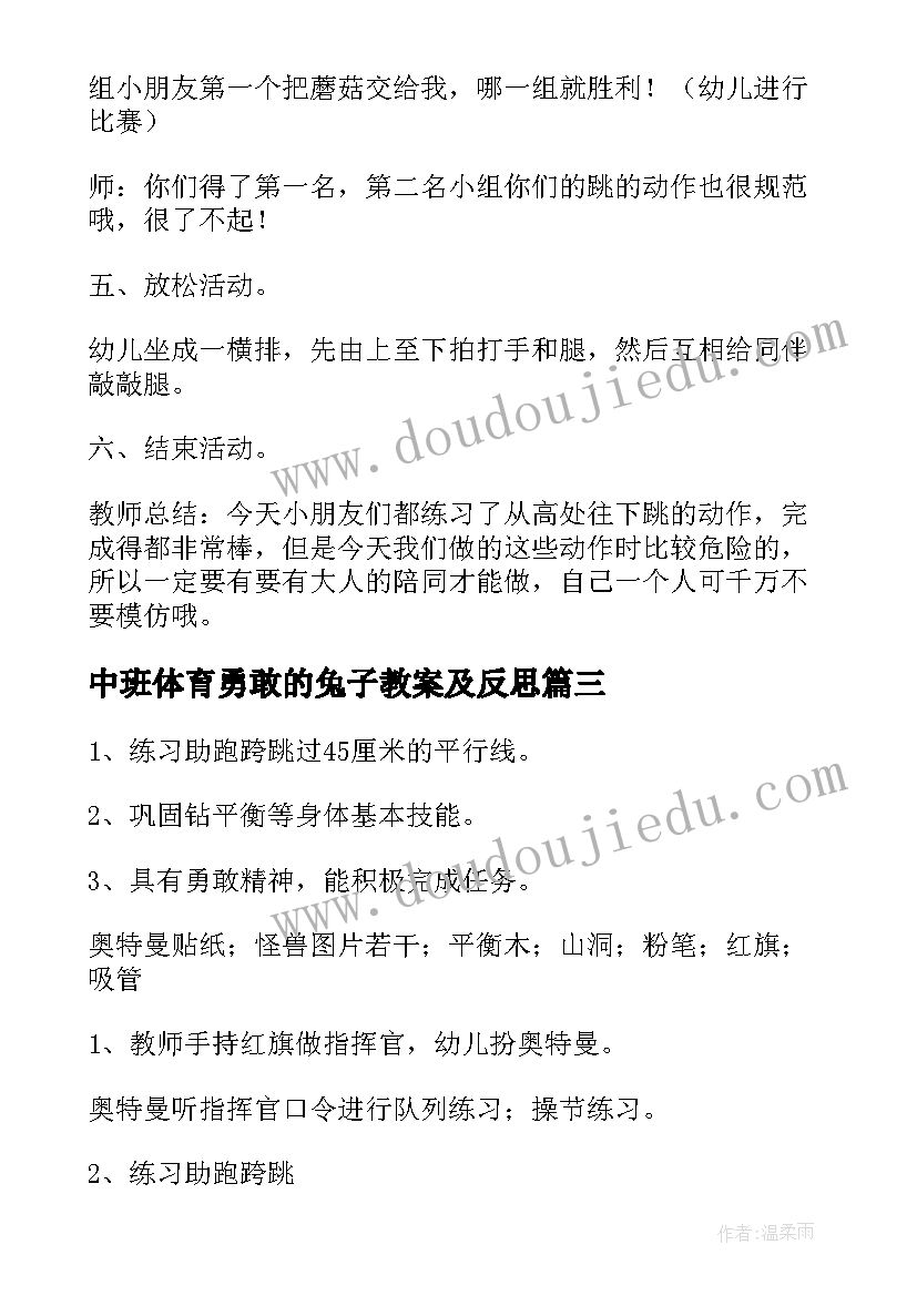 中班体育勇敢的兔子教案及反思 大班体育勇敢的小兔子教案(模板8篇)