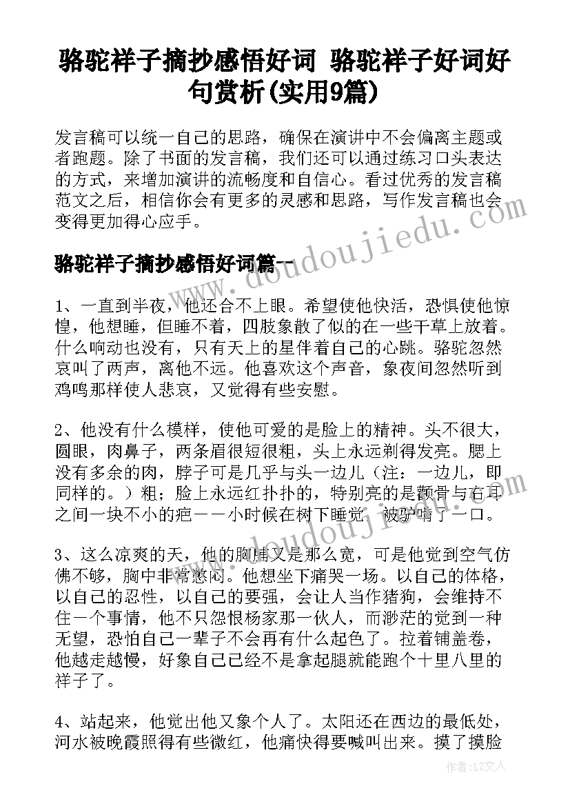 骆驼祥子摘抄感悟好词 骆驼祥子好词好句赏析(实用9篇)