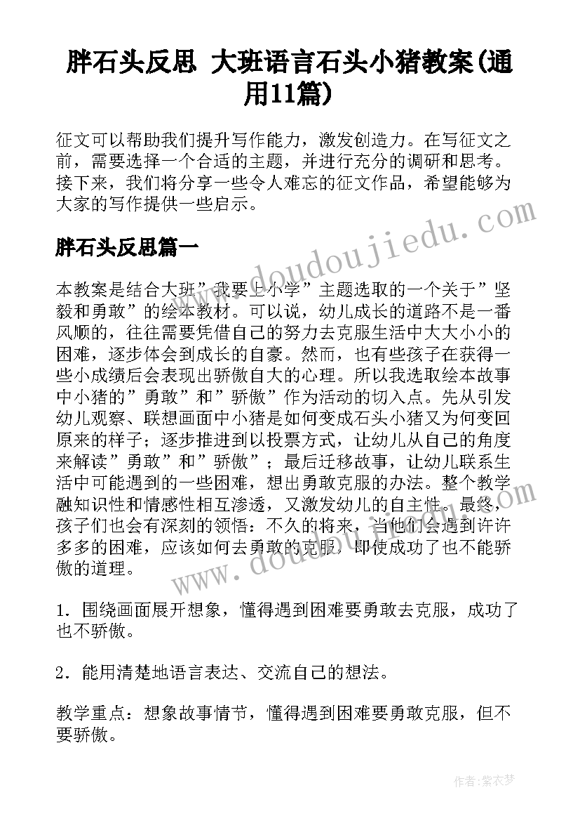 胖石头反思 大班语言石头小猪教案(通用11篇)