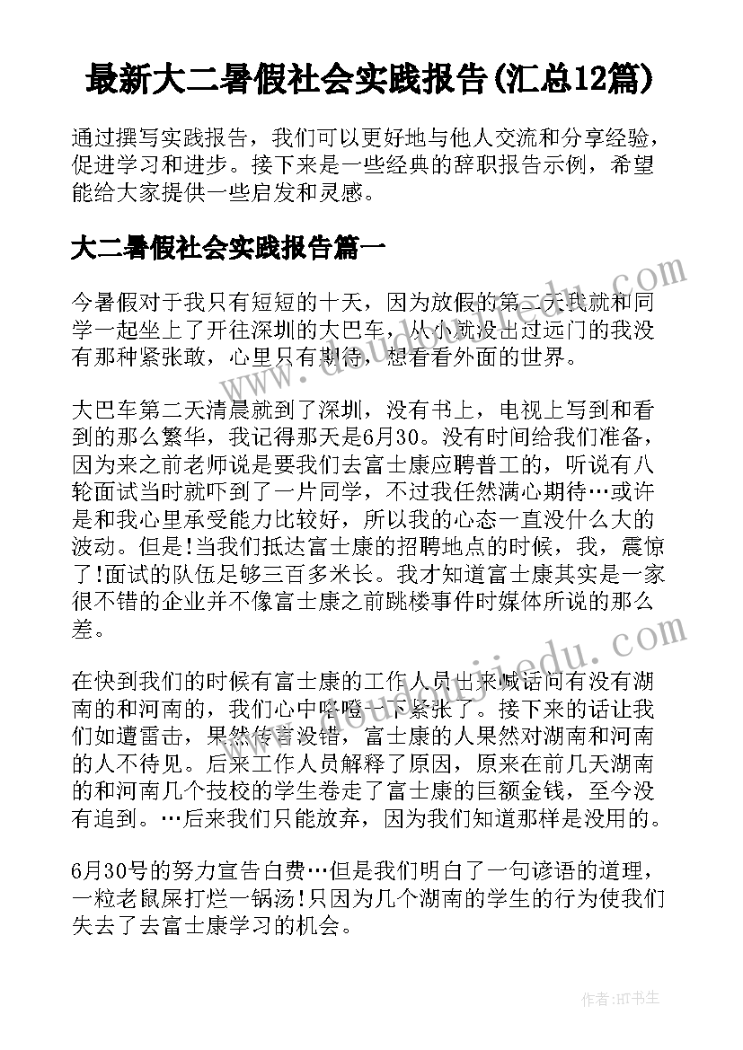 最新大二暑假社会实践报告(汇总12篇)