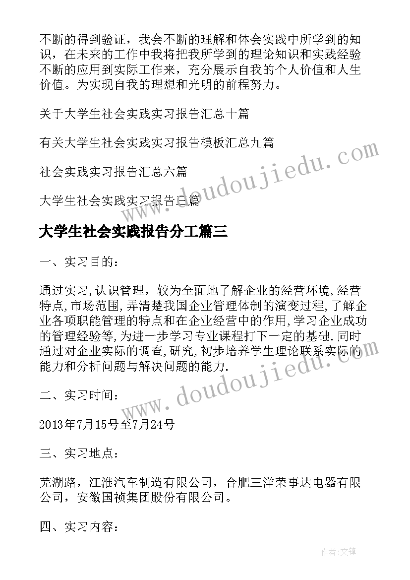 大学生社会实践报告分工 大学生社会实践实习报告(汇总13篇)