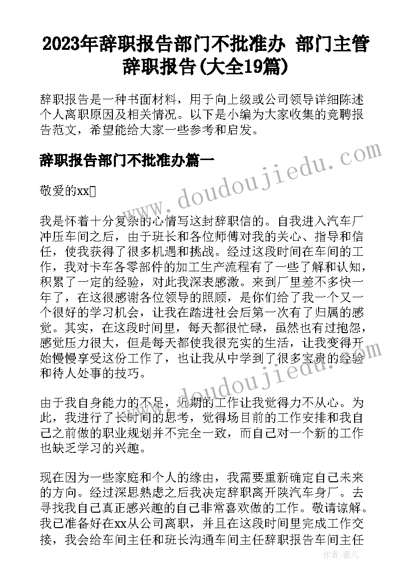 2023年辞职报告部门不批准办 部门主管辞职报告(大全19篇)