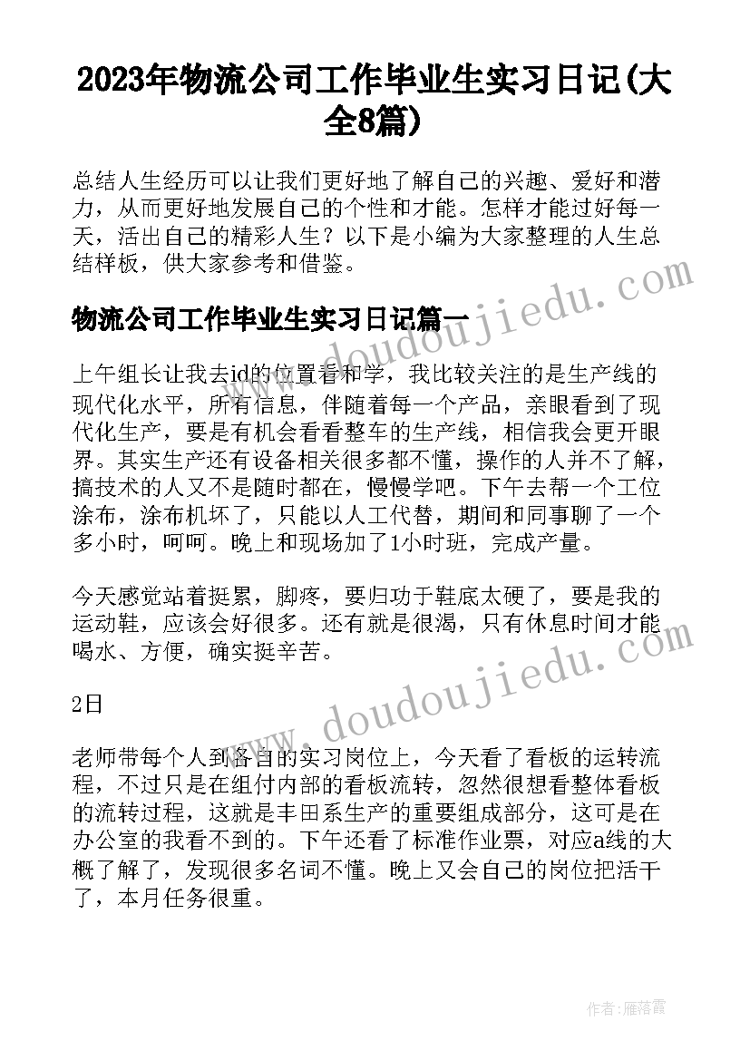 2023年物流公司工作毕业生实习日记(大全8篇)