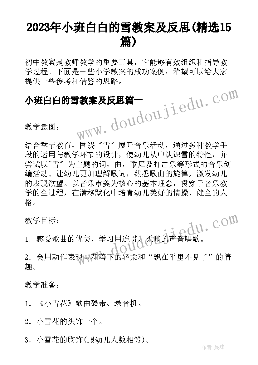 2023年小班白白的雪教案及反思(精选15篇)