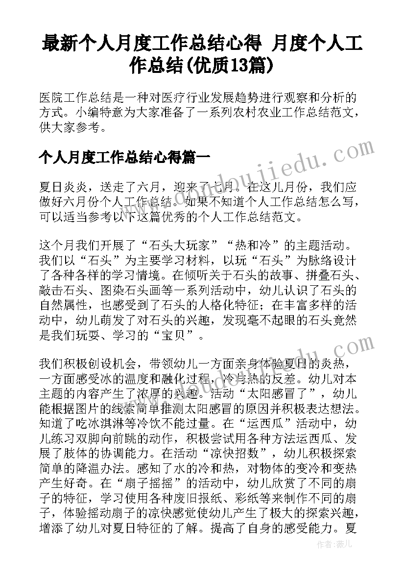 最新个人月度工作总结心得 月度个人工作总结(优质13篇)