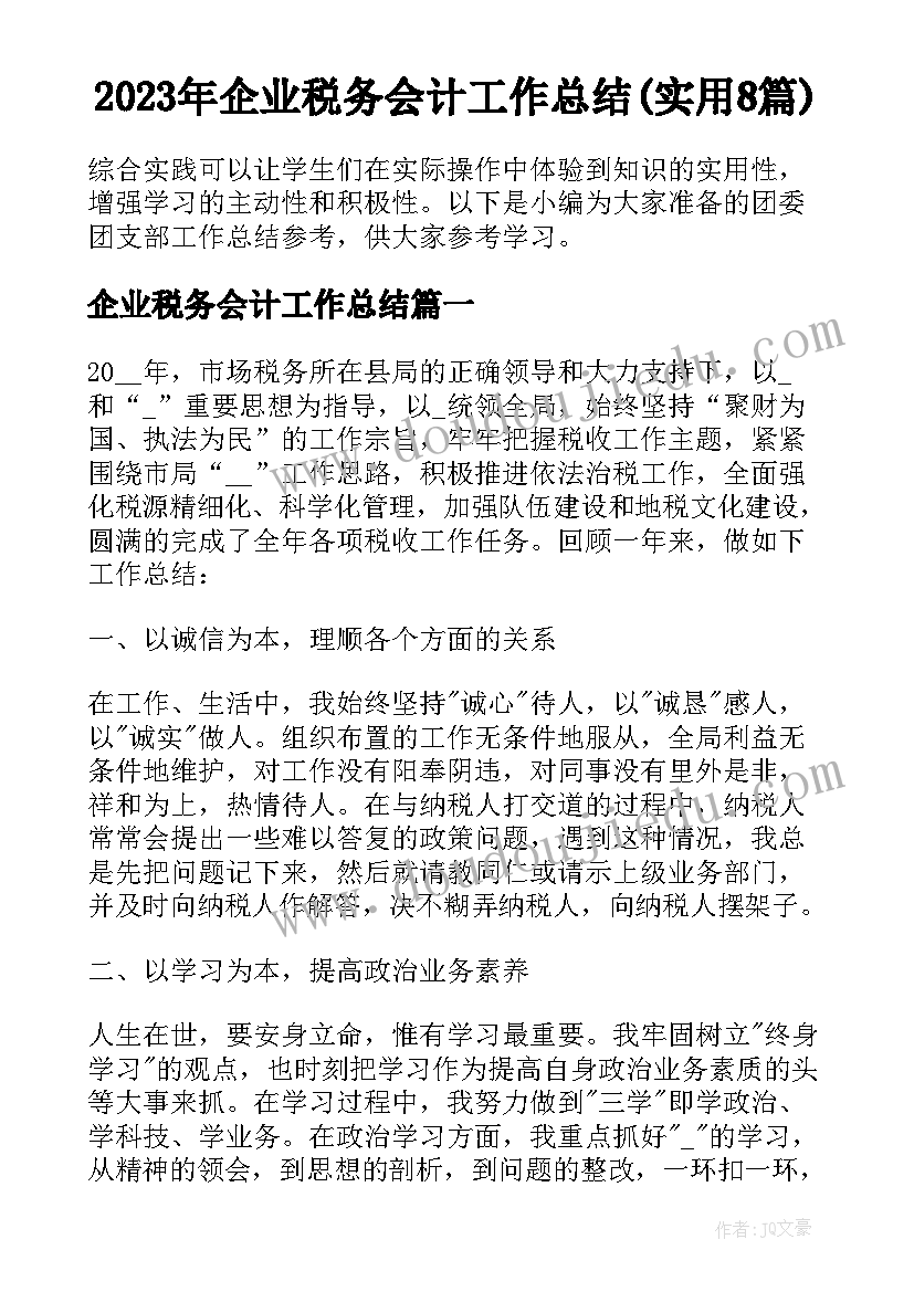 2023年企业税务会计工作总结(实用8篇)