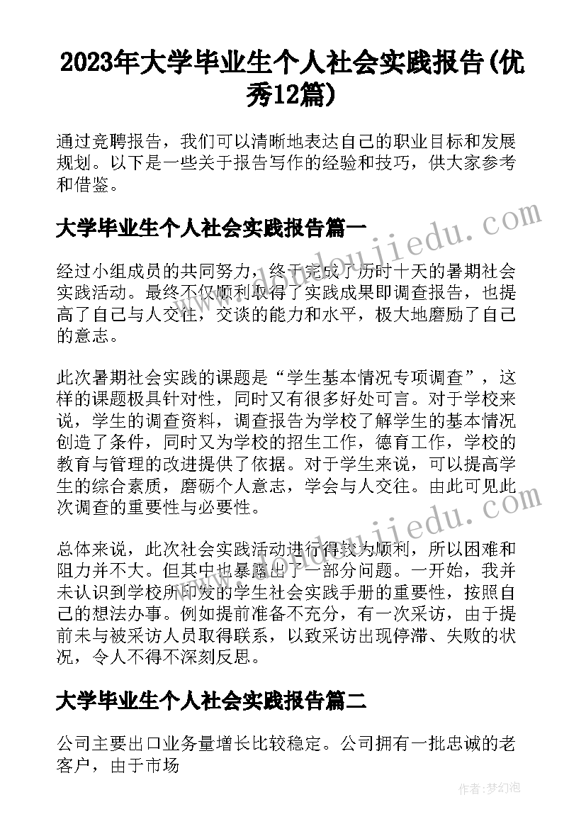 2023年大学毕业生个人社会实践报告(优秀12篇)