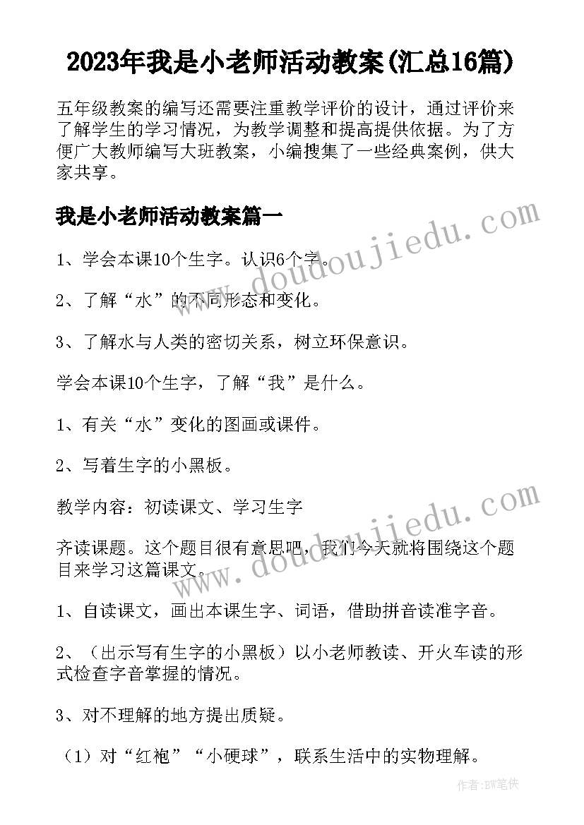 2023年我是小老师活动教案(汇总16篇)