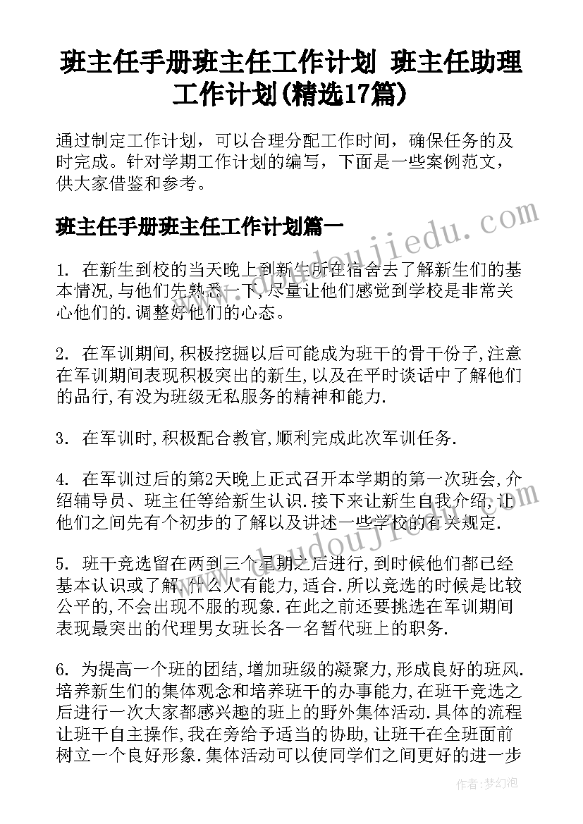 班主任手册班主任工作计划 班主任助理工作计划(精选17篇)