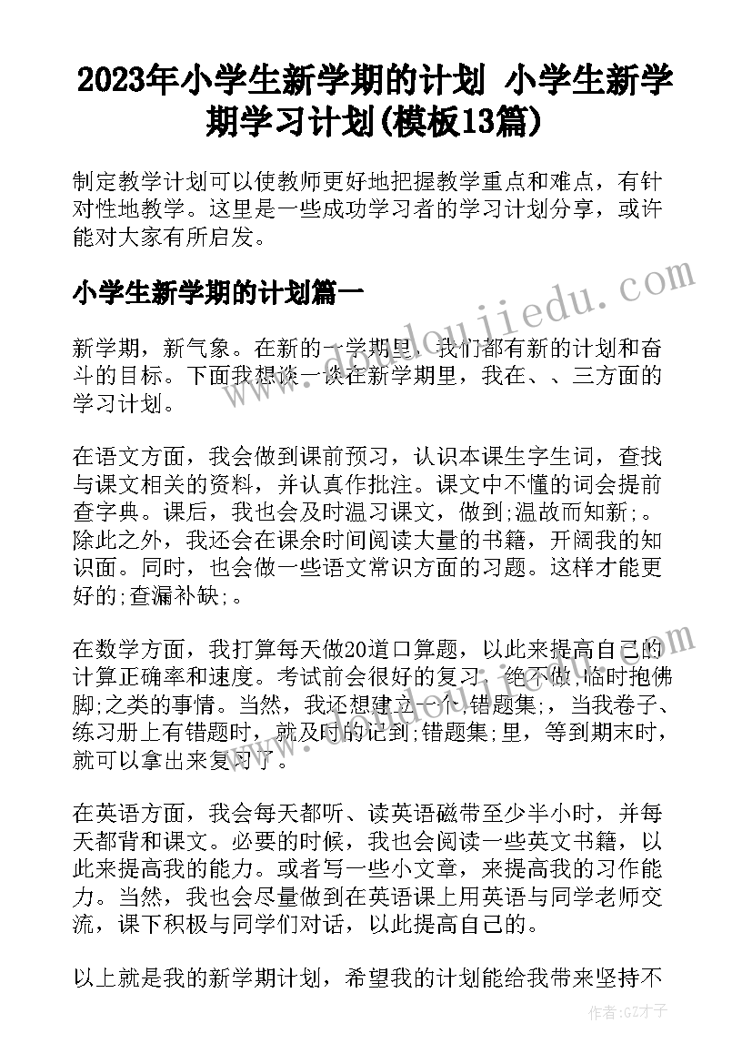 2023年小学生新学期的计划 小学生新学期学习计划(模板13篇)