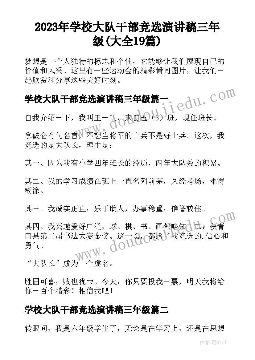 2023年学校大队干部竞选演讲稿三年级(大全19篇)