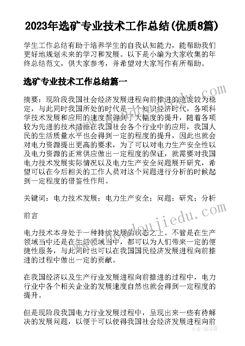 2023年选矿专业技术工作总结(优质8篇)