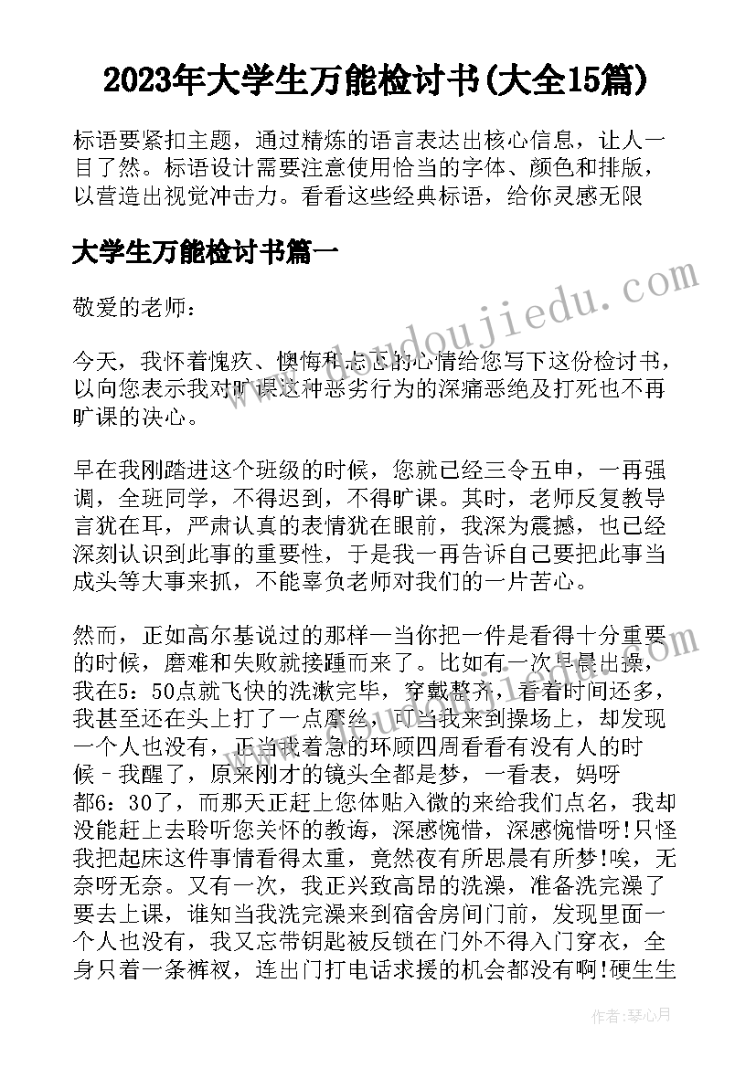 2023年大学生万能检讨书(大全15篇)