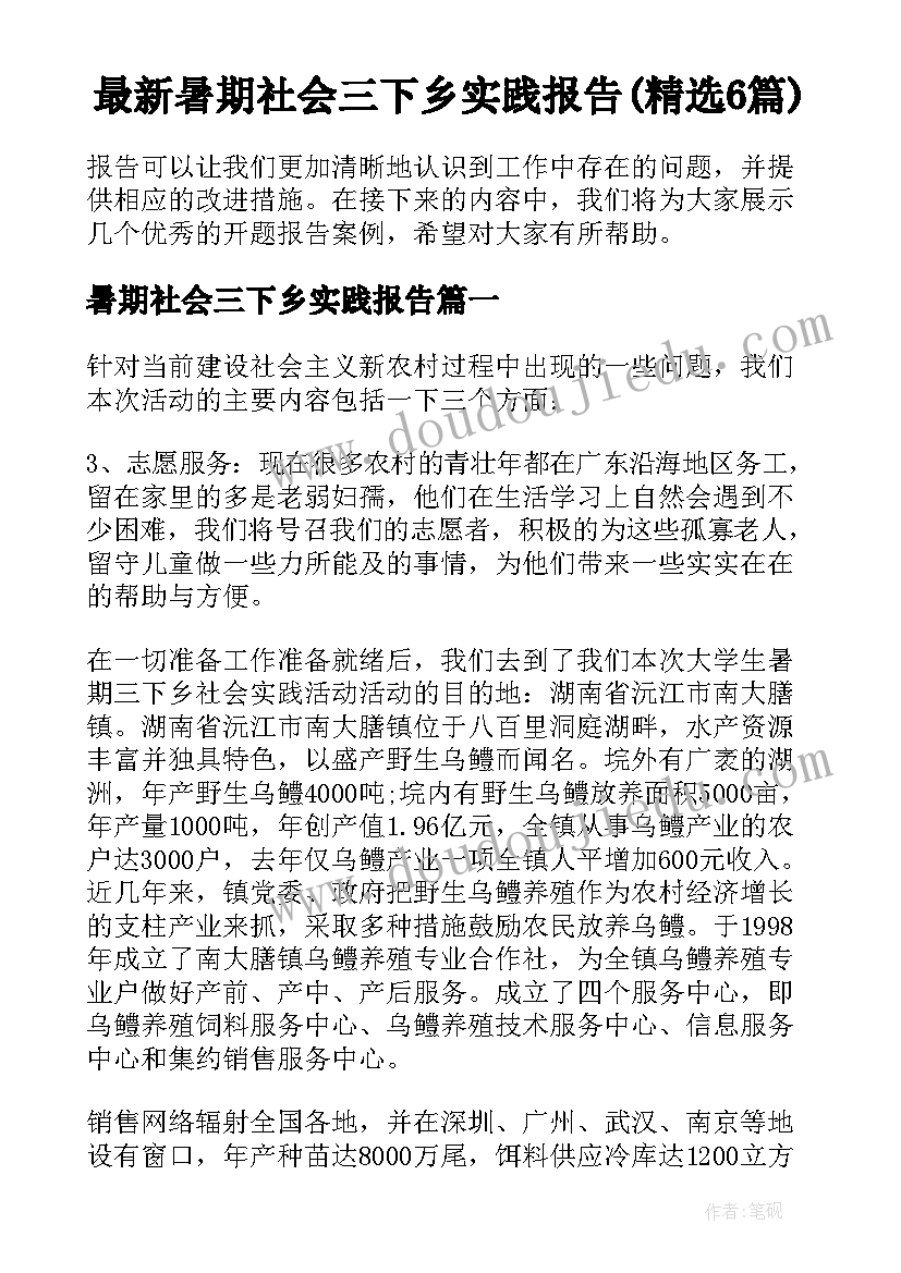 最新暑期社会三下乡实践报告(精选6篇)