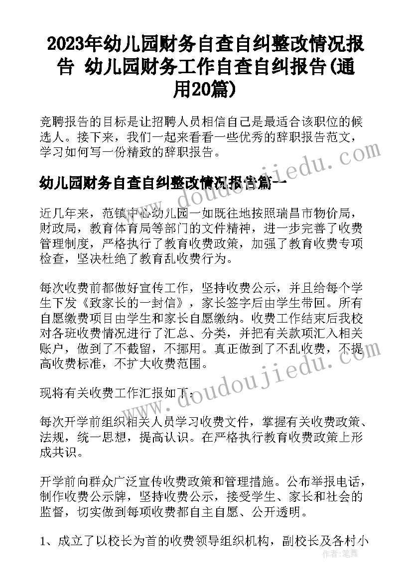 2023年幼儿园财务自查自纠整改情况报告 幼儿园财务工作自查自纠报告(通用20篇)