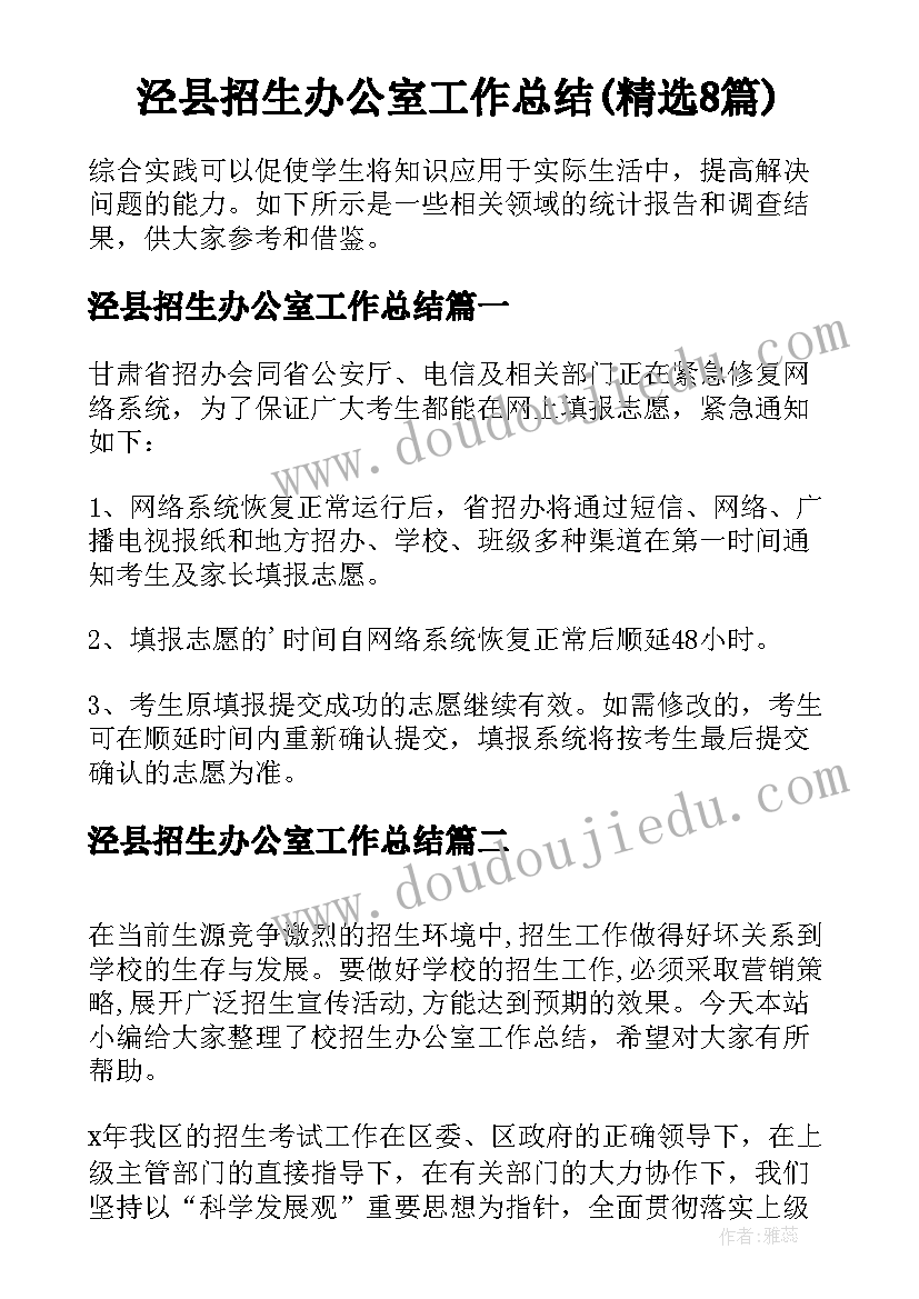 泾县招生办公室工作总结(精选8篇)