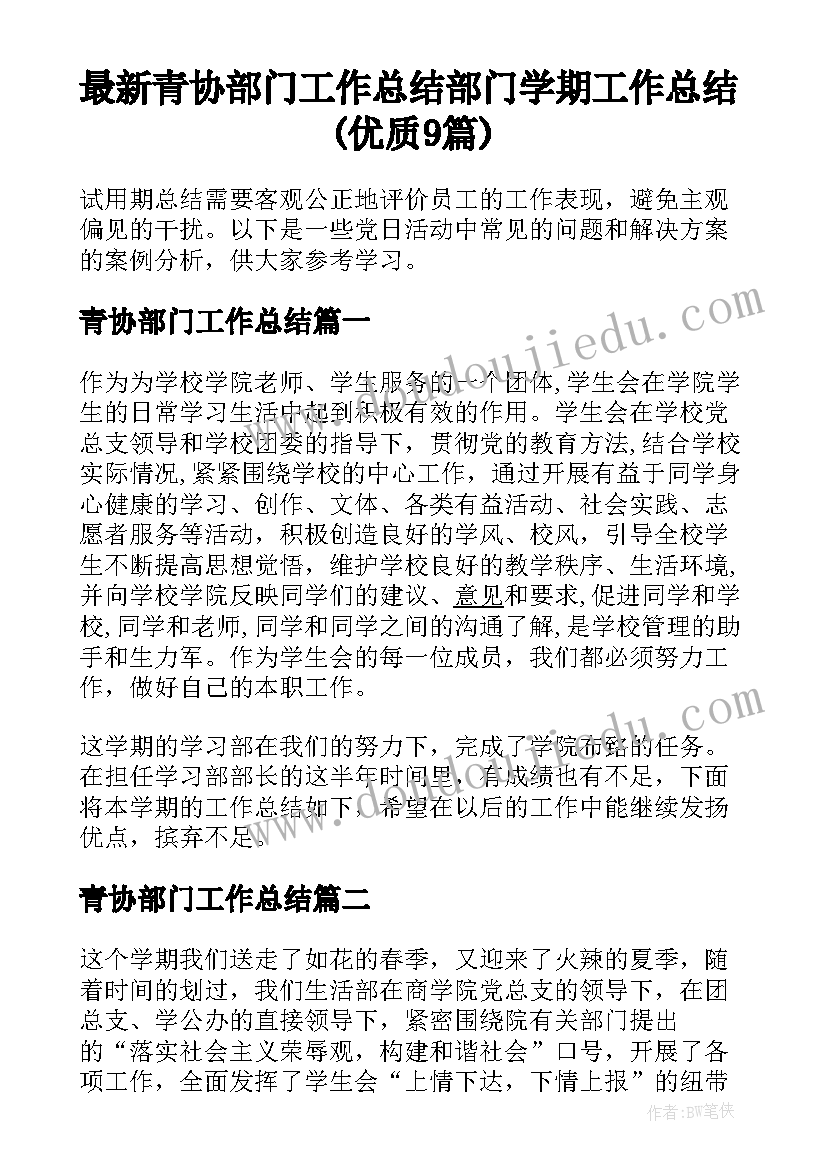 最新青协部门工作总结 部门学期工作总结(优质9篇)