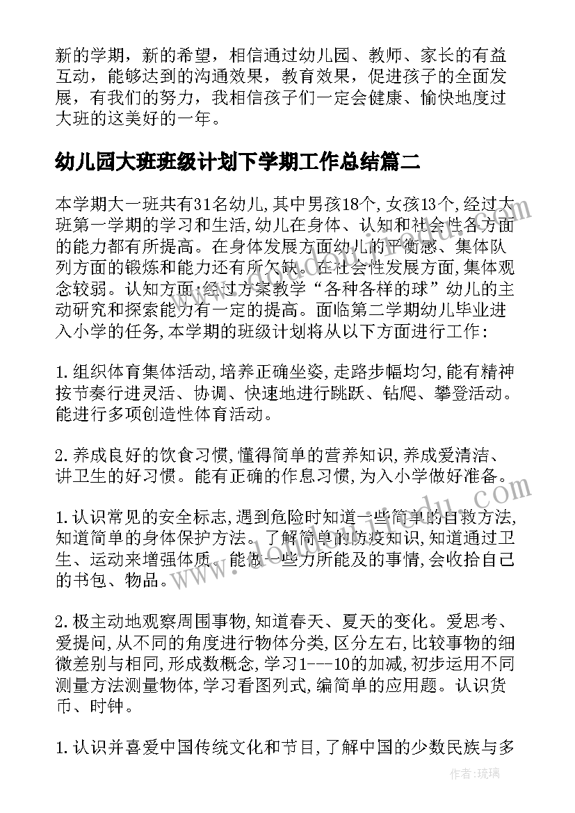 2023年幼儿园大班班级计划下学期工作总结(模板10篇)