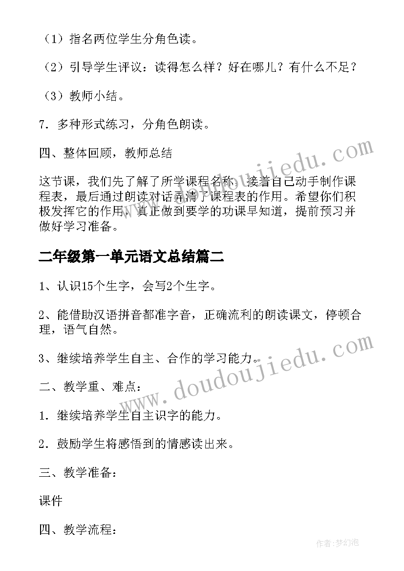 二年级第一单元语文总结 二年级语文第一单元教案(精选16篇)