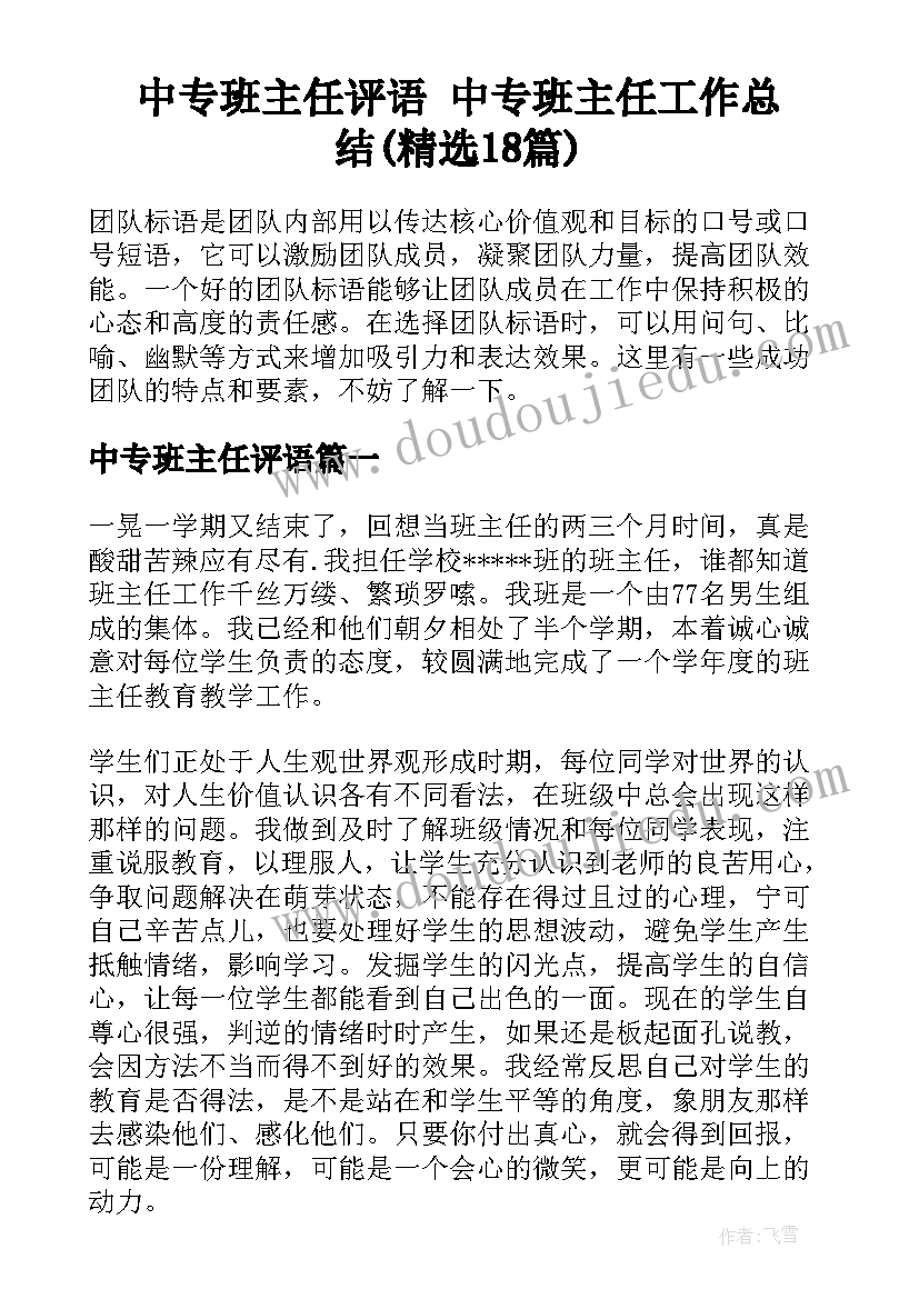 中专班主任评语 中专班主任工作总结(精选18篇)