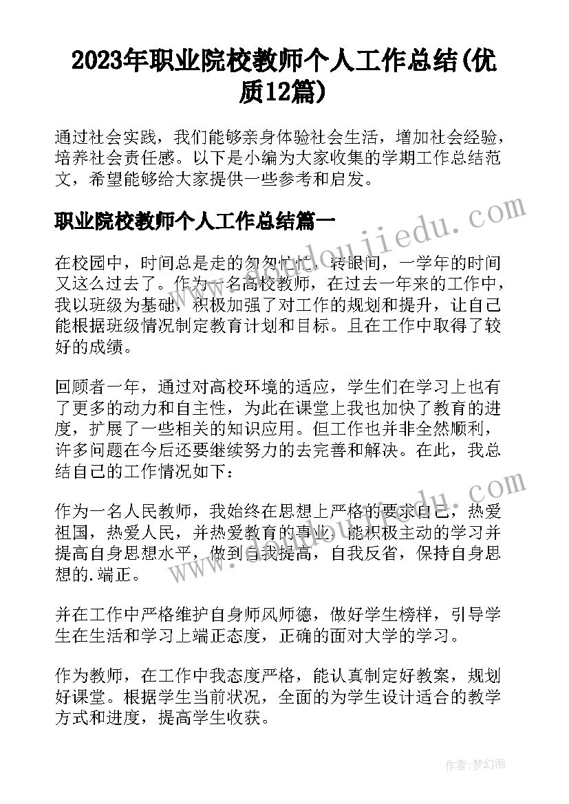 2023年职业院校教师个人工作总结(优质12篇)