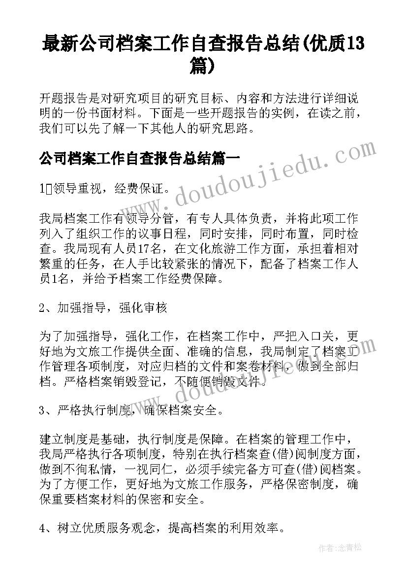 最新公司档案工作自查报告总结(优质13篇)