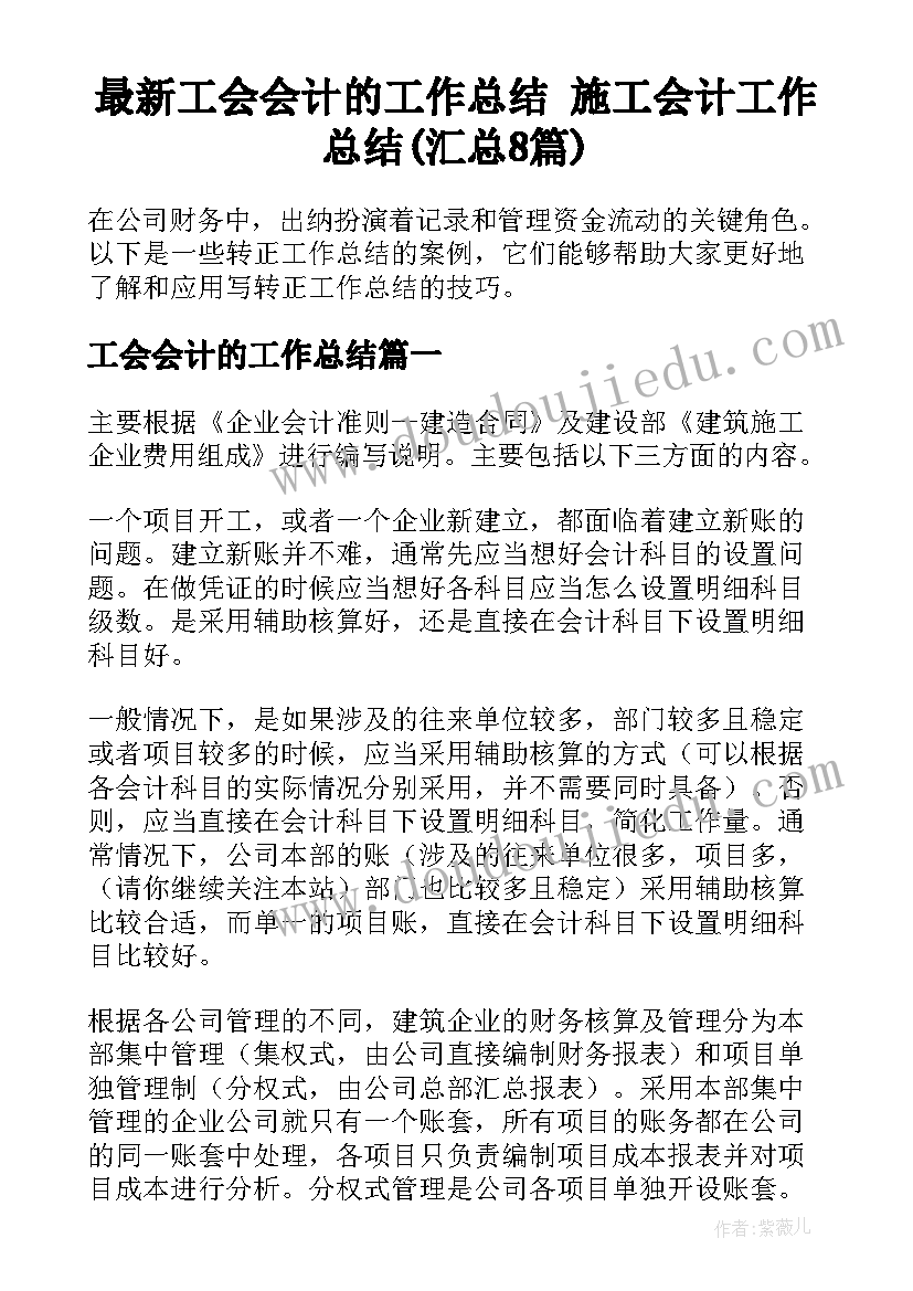 最新工会会计的工作总结 施工会计工作总结(汇总8篇)