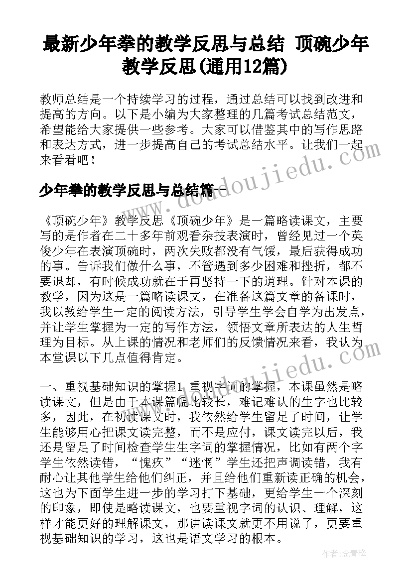 最新少年拳的教学反思与总结 顶碗少年教学反思(通用12篇)