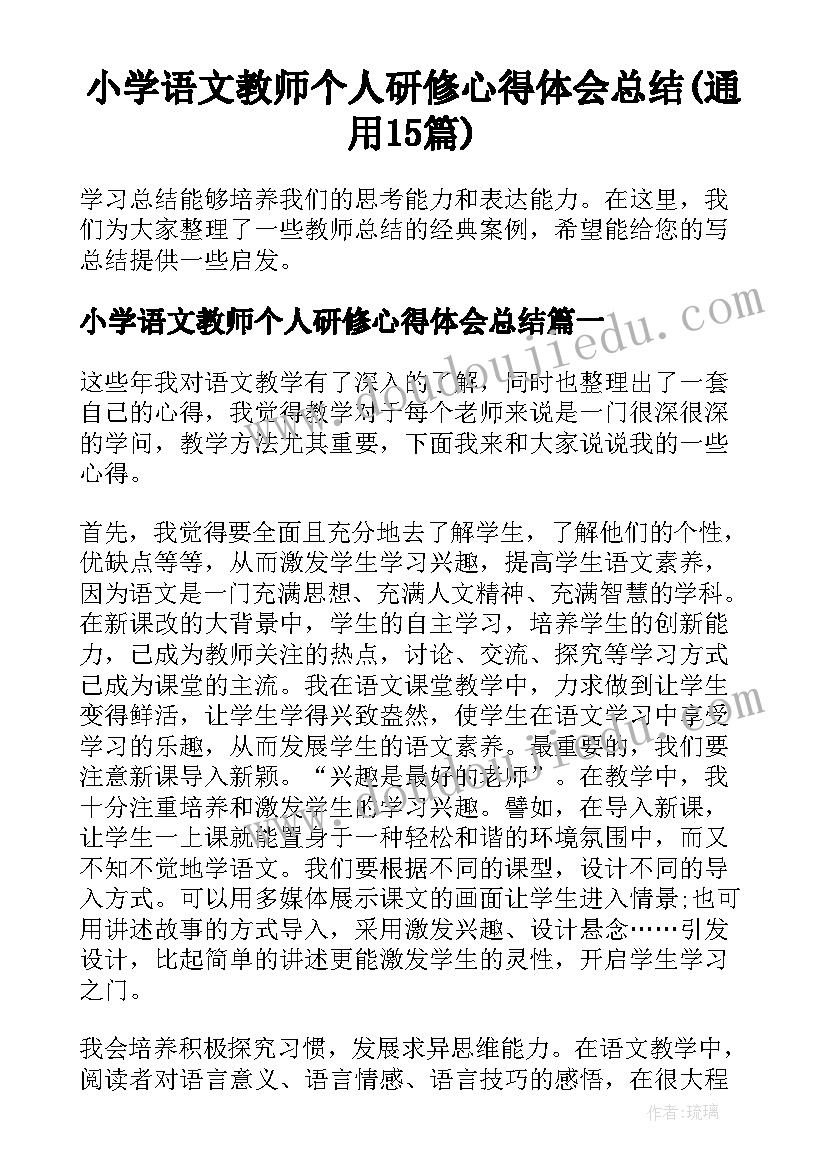 小学语文教师个人研修心得体会总结(通用15篇)