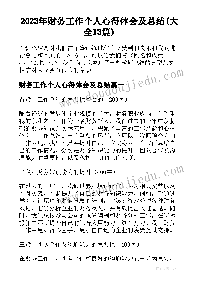 2023年财务工作个人心得体会及总结(大全13篇)