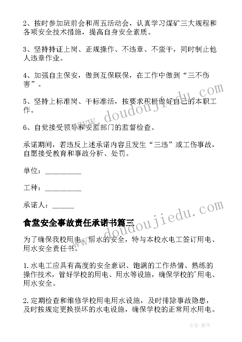 食堂安全事故责任承诺书(精选8篇)