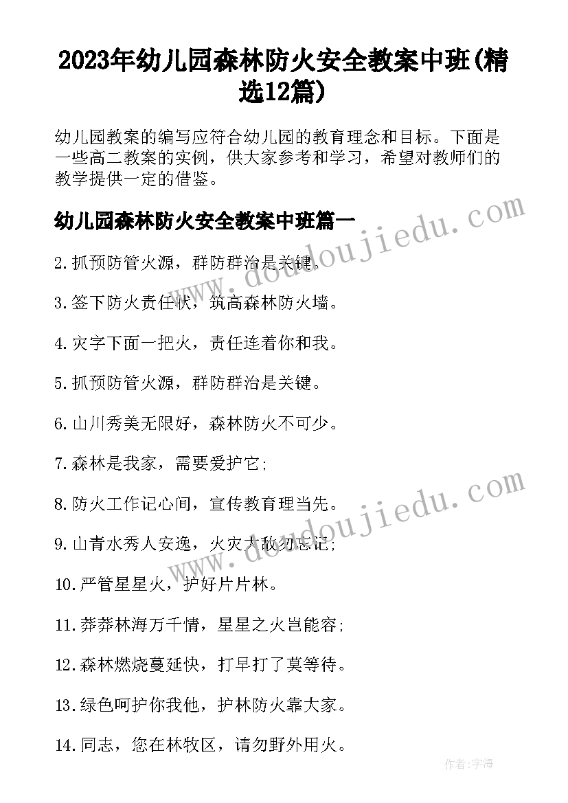 2023年幼儿园森林防火安全教案中班(精选12篇)