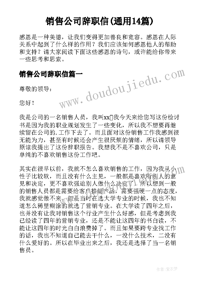 销售公司辞职信(通用14篇)