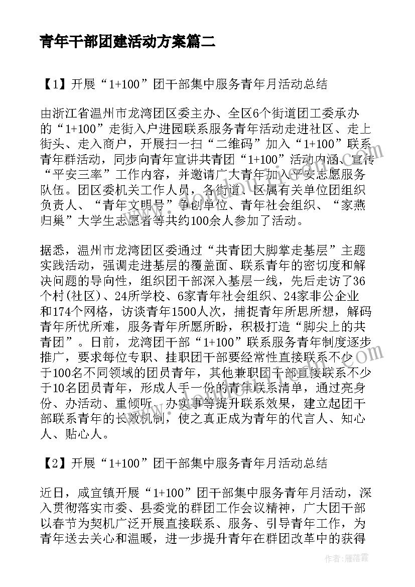 2023年青年干部团建活动方案(大全8篇)