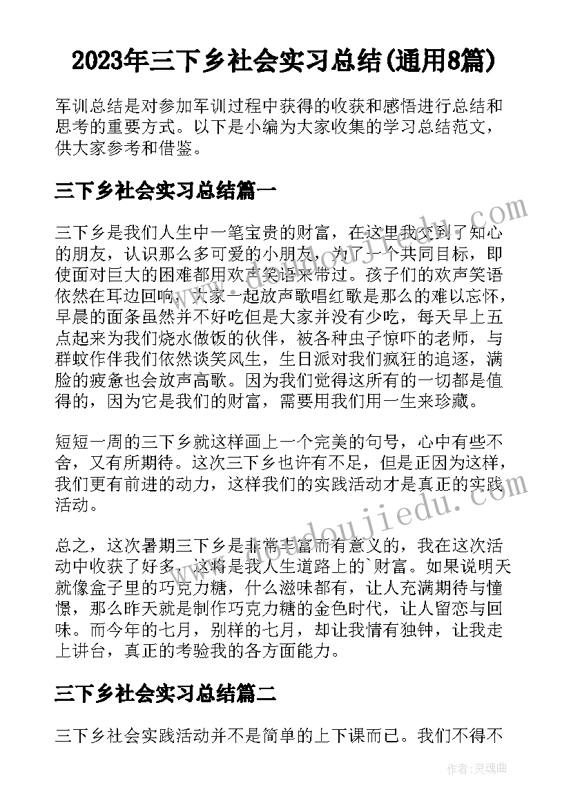 2023年三下乡社会实习总结(通用8篇)