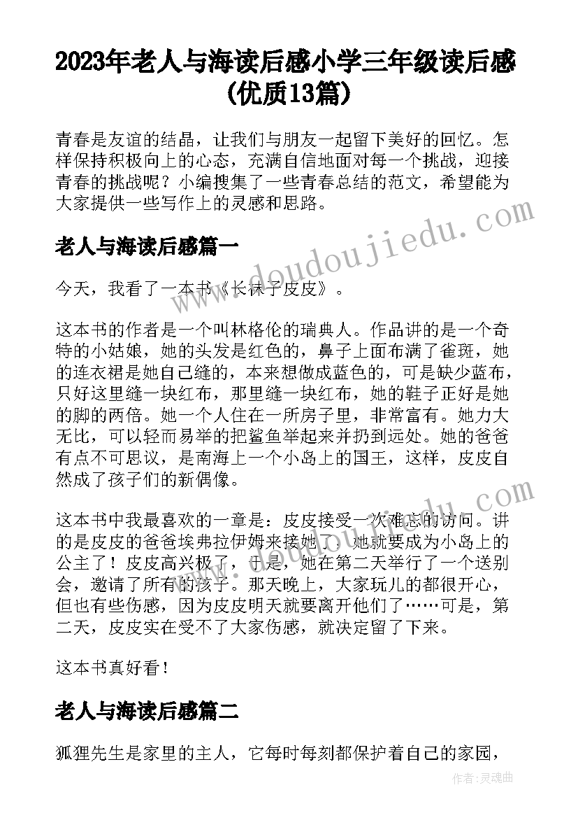 2023年老人与海读后感 小学三年级读后感(优质13篇)