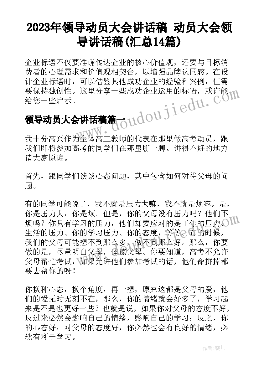 2023年领导动员大会讲话稿 动员大会领导讲话稿(汇总14篇)