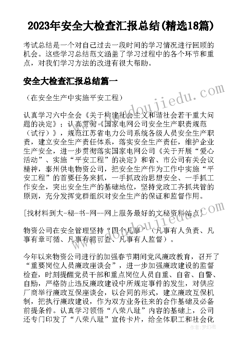 2023年安全大检查汇报总结(精选18篇)