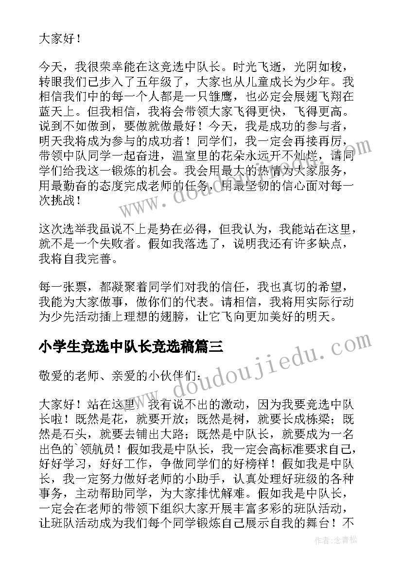 2023年小学生竞选中队长竞选稿 小学生竞选中队长演讲稿(汇总11篇)