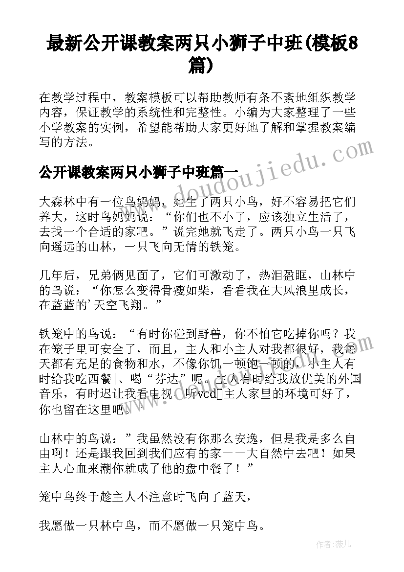 最新公开课教案两只小狮子中班(模板8篇)