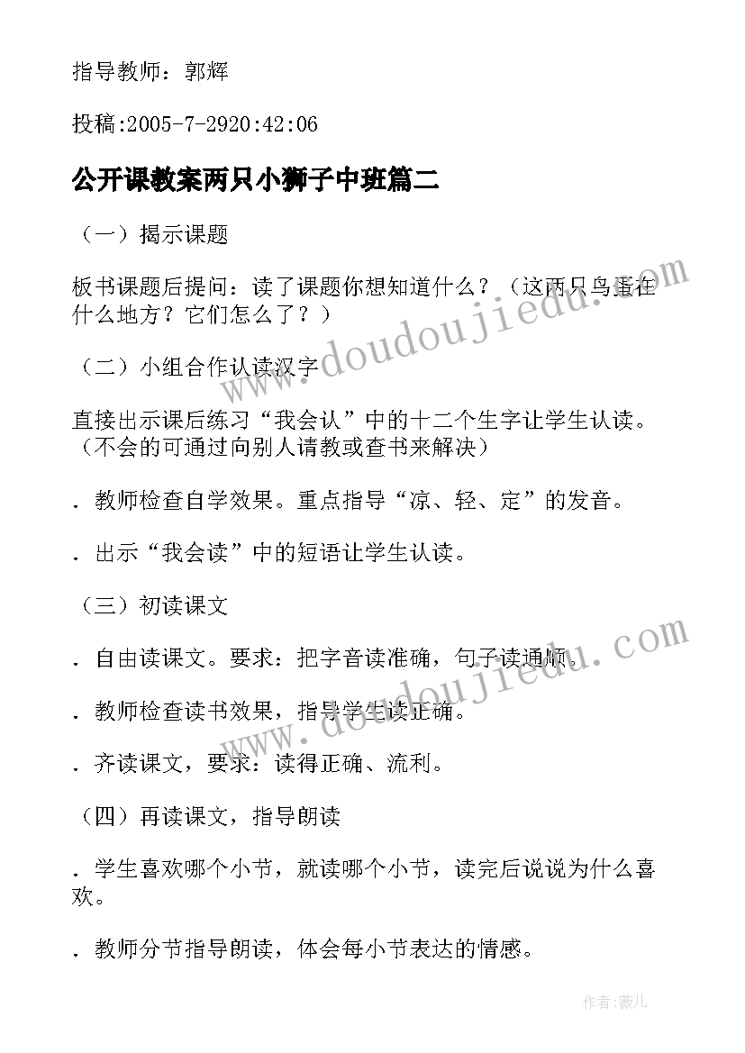 最新公开课教案两只小狮子中班(模板8篇)